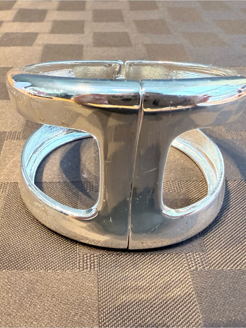 Silver Tone 2" Wide Modernist H Cutout Chunky Hinged
Bangle Bracelet - Picture 5 of 15